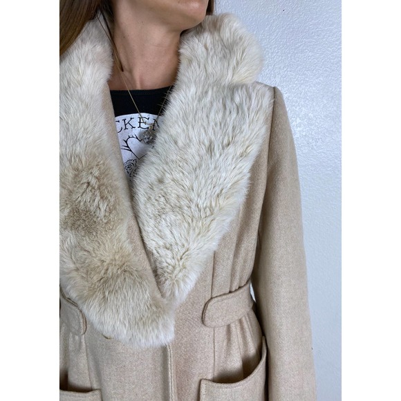 vintage 70s Beige RABBIT FUR Collar COAT Large wool winter coat real rabbit fur - Picture 5 of 10